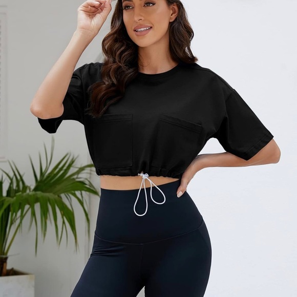 NWT COZYPOIN Women Short Sleeve Round Neck Crop Top Casual Drawstring (J38) - Picture 3 of 3